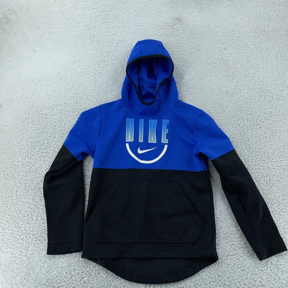 Nike Hoodie Boys Medium Blue Black Dri-FIT Pullover Swoosh Logo Kangaroo‎ Youth